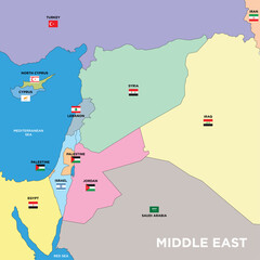 Middle East, stylized map with flags and state borders, vector illustration