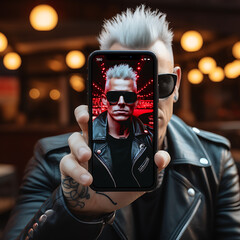 a man is holding a phone with his picture on the screen saver.   ,ai generated