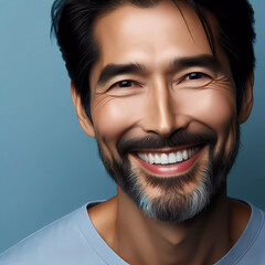 A handsome Asian man with a radiant smile, his face illuminated with happiness.