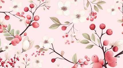 Spring flowers with berries and leaves on a blush background.