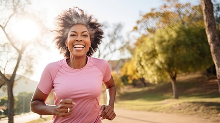 Senior black woman running at park