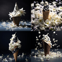 ice cream in a cone with flowers and petals   ,ai generated