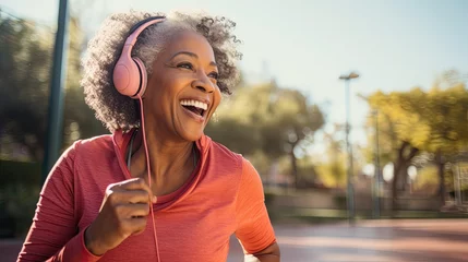 Schilderijen op glas Senior black woman listening music at park © AdriFerrer