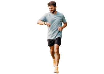 A hardy young man running alone. Routine training development of the cardiac system. 
 Slim body and active lifestyle. A happy runner uses a fitness watch on his arm.