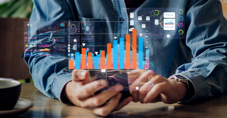 Businessman relax using phone work, analyzing data management system make report with KPI,...
