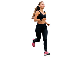 A woman in sports clothes is running. Active running cardio training of a sports person who trains every day.   Transparent isolated background.