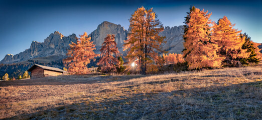 Panoramic morning view of Nigerpass. Breathtaking autumn scene of Dolomite Alps. Majestic morning view of Italian countryside, Italy, Europe. Beauty of countryside concept background.