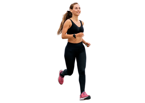 A woman in sports clothes is running. Active running cardio training of a sports person who trains every day.   Transparent isolated background. - Powered by Adobe