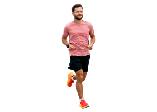 Active running cardio training of a sports person who trains every day.  A man in sports clothes is running on the street. Transparent isolated background.