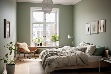 light pastel bedroom in Scandinavian olive-colored