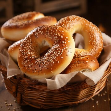 Bagels with sesame seeds in wicker basket on wooden table