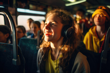 Inside the students bus and happy girl  - obrazy, fototapety, plakaty