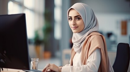 Attractive middle eastern woman posing at work - obrazy, fototapety, plakaty