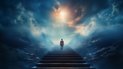 Man Ascending Stairs into Unknown Journey - obrazy, fototapety, plakaty