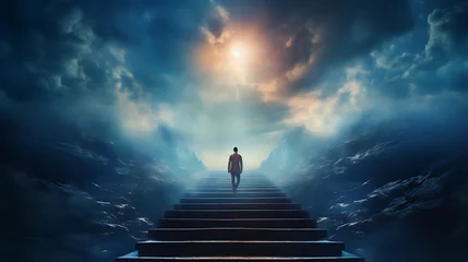 Foto op Canvas Man Ascending Stairs into Unknown Journey © The