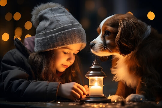Little girl with cute dog Cavalier Charles King Spaniel on the street with a flashlight. The sincerity of friendship between a child and an animal. Happy together.
