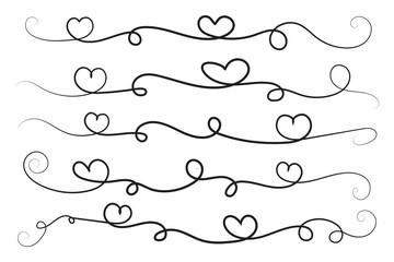 Filigree curly Calligraphic Heart, Fancy Line Flourishes Swirls hearts, curve romantic love sign, Valentines Day divider flourish Swirl, Calligraphy Flourish lettering header hearts scroll vector - obrazy, fototapety, plakaty