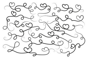 Filigree curly Calligraphic Heart, Fancy Line Flourishes Swirls hearts, curve romantic love sign, Valentines Day divider flourish Swirl, Calligraphy Flourish lettering header hearts scroll vector