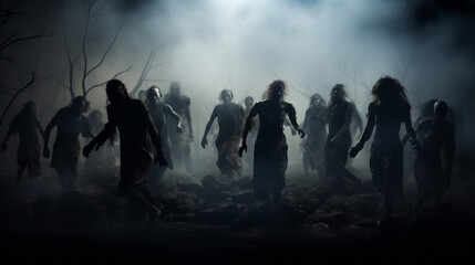 Fototapeta na wymiar Ghost scenery, Halloween background, Zombie Apocalypse, scary haunted cemetery