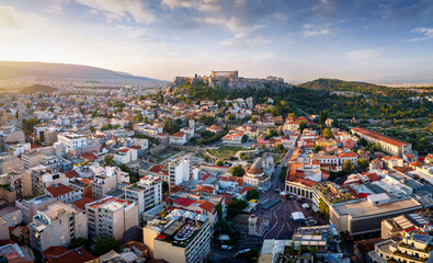 Panoramic view of the old town of Athens with Monastiraki square and the Parthenon Temple of the...