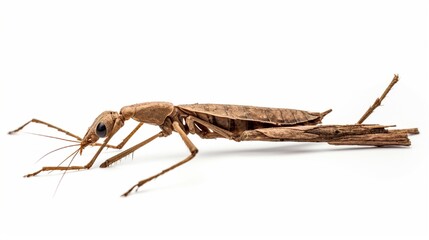 Walking stick insects, stick-bugs, bug sticks, and ghost insects are all names for stick insects. Isolated on a white background, a brown stick insect.