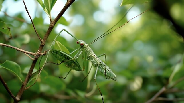 Stick insects are also known as walking stick insects, stick-bugs, bug sticks, and ghost insects. Green stick insect camouflaged on tree branches. Selective focus.