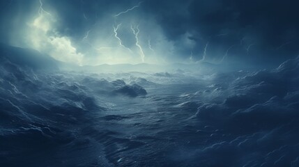 A storm is brewing at sea. The sea has waves. In the fog, the sea is rough. In the fog, a 3D landscape of a storm at sea. .