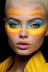 Abstract Yellow and Blue Makeup.
Model with yellow and blue abstract makeup, serious expression.