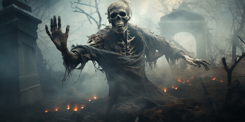 Obraz na płótnie Canvas Ghost scenery, Halloween background, Zombie Apocalypse, scary haunted cemetery