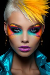 Bold Colourful Makeup on Blonde Model.
Edgy makeup with bright colors on a blonde model.
