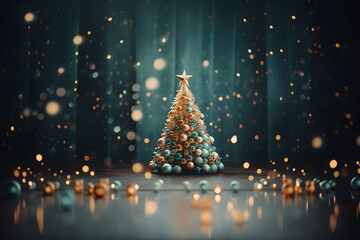 New Year elegant Christmas tree, decorated with shiny golden ball ornaments on a sparkling teal blue background. Festive Xmas holiday season, modern luxury banner design. - obrazy, fototapety, plakaty