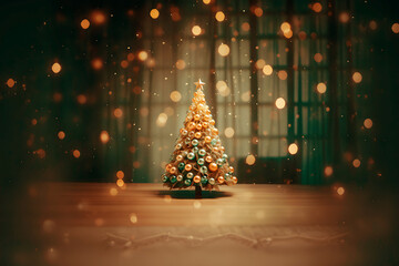 New Year elegant retro Christmas tree, decorated with vintage shiny golden ball ornaments on a...
