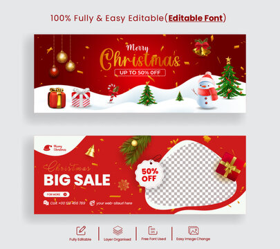 Editable Christmas sale facebook cover and web banner template, Facebook page timeline header website ad banner, Horizontal christmas sale ads, xmas party invitation greeting cards promo ad set