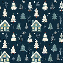 Winter seamless pattern with scandinavian house and snowy trees. Christmas vector pattern. Winter background.