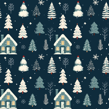 Winter seamless pattern with scandinavian house and snowy trees. Christmas vector pattern. Winter background.