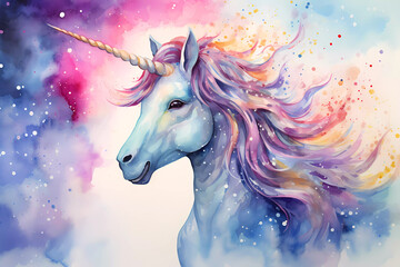 Mystical Watercolor Unicorn Amidst Cosmic Nebula