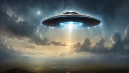 Fotobehang Flying saucer with light beam in the sky. Ufo illustration of et Aliens © RobinsonIcious