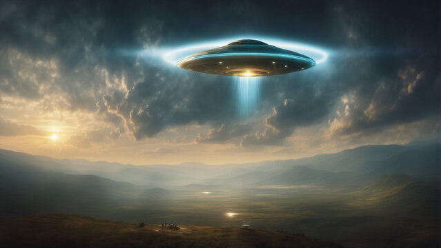 Flying saucer with light beam in the sky. Ufo illustration of et Aliens