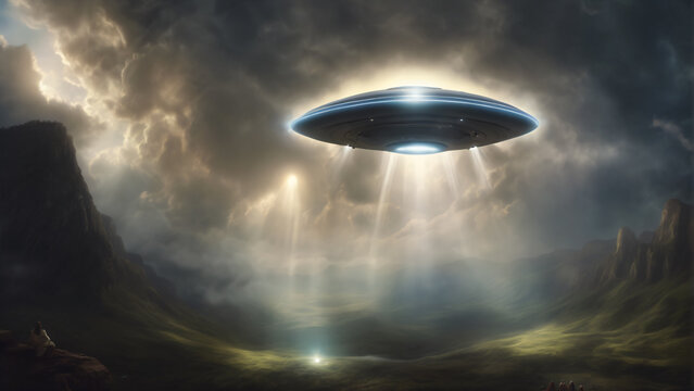 Flying saucer with light beam in the sky. Ufo illustration of et Aliens