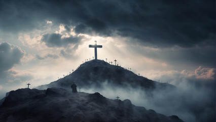 Jesus cross on a mountain with clouds and sun in background