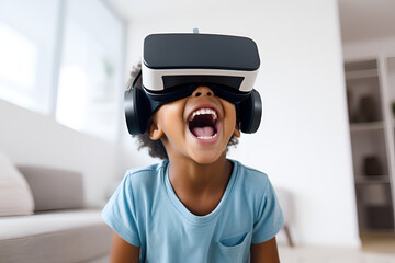 Children experiencing virtual reality at home. Impressed little boy looking in VR glasses