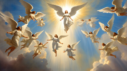 Angels flying in heaven towards god. Highly detailed oil painting styled illustration - obrazy, fototapety, plakaty