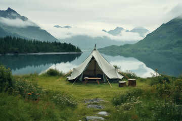 Fototapeta na wymiar Lone tent in a beautiful landscape. Concept image on travel, nomad life and sustainable holidays.