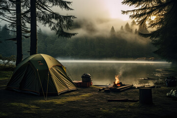 Lone tent in a beautiful landscape. Concept image on travel, nomad life and sustainable holidays.