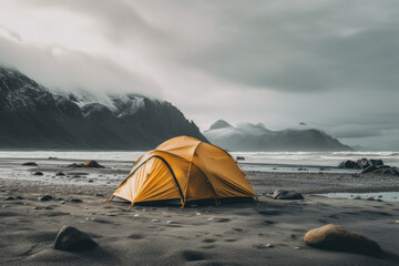 Lone tent in a beautiful landscape. Concept image on travel, nomad life and sustainable holidays.