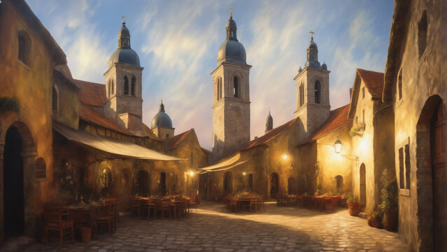 Oil painting styled illustration of a european town in 17th century. Highly detailed and realistic illustration