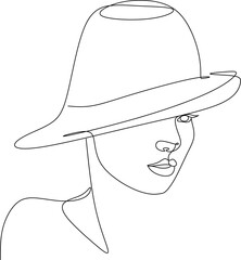 Abstract linear woman in hat. Minimal portrait. Head fashionable accessory. One line continuous. Beauty and glamour concept. Cap headgears for lady. Hand drawn vector illustration.