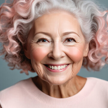 Smiling Old Woman With Grey And Pink Hair. Closeup Illustration With High Amount Of Details