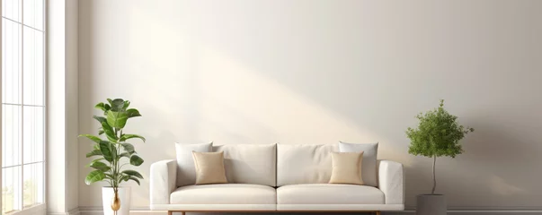 Foto op Plexiglas Modern living room interior with bright creamy sofa, white wall background © Filip