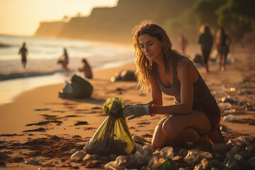 volunteers collect rubbish on the beach - obrazy, fototapety, plakaty